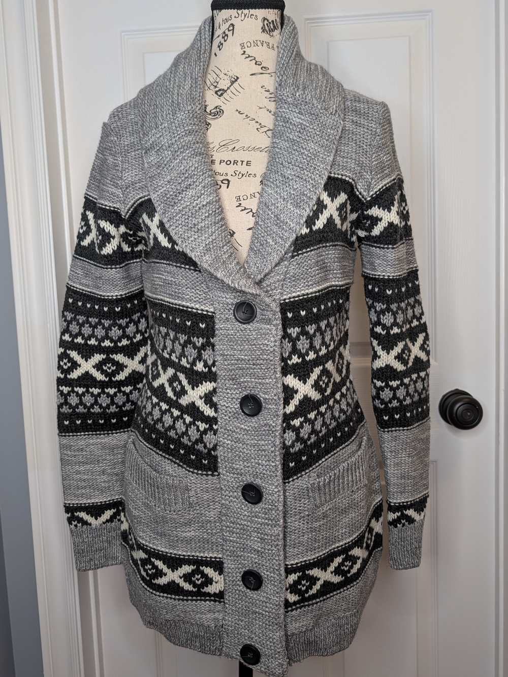 NWOT Sansura Wool Blend Fair Isle Knit Cardigan Shawl Collar Gray Black Size S